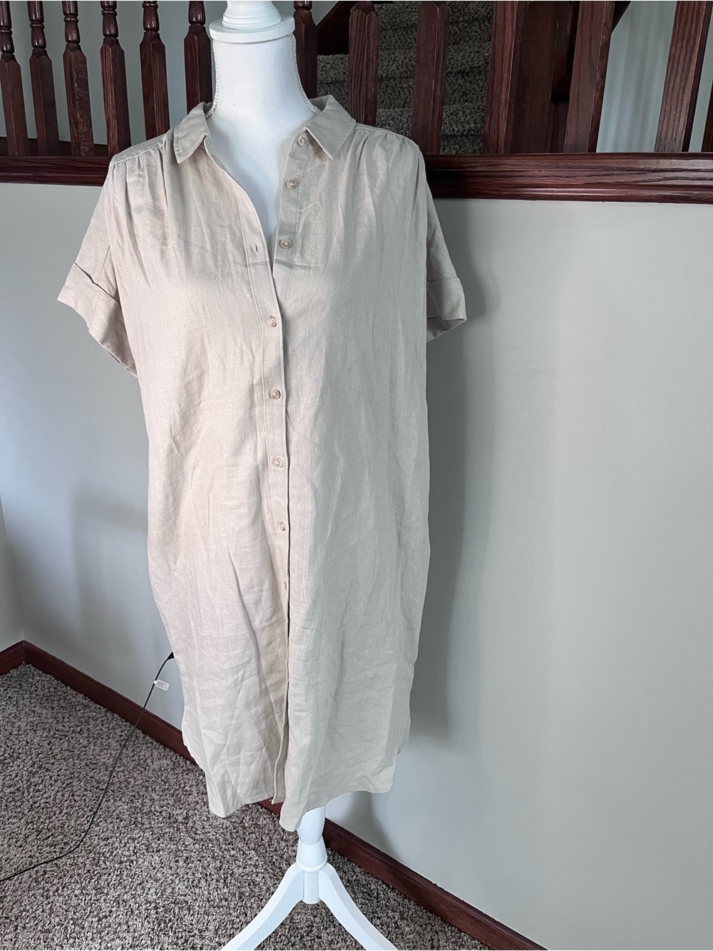 Well Worn Linen Blend Shirt Dress Beige Short Sleeve Button Front Midi Medium
